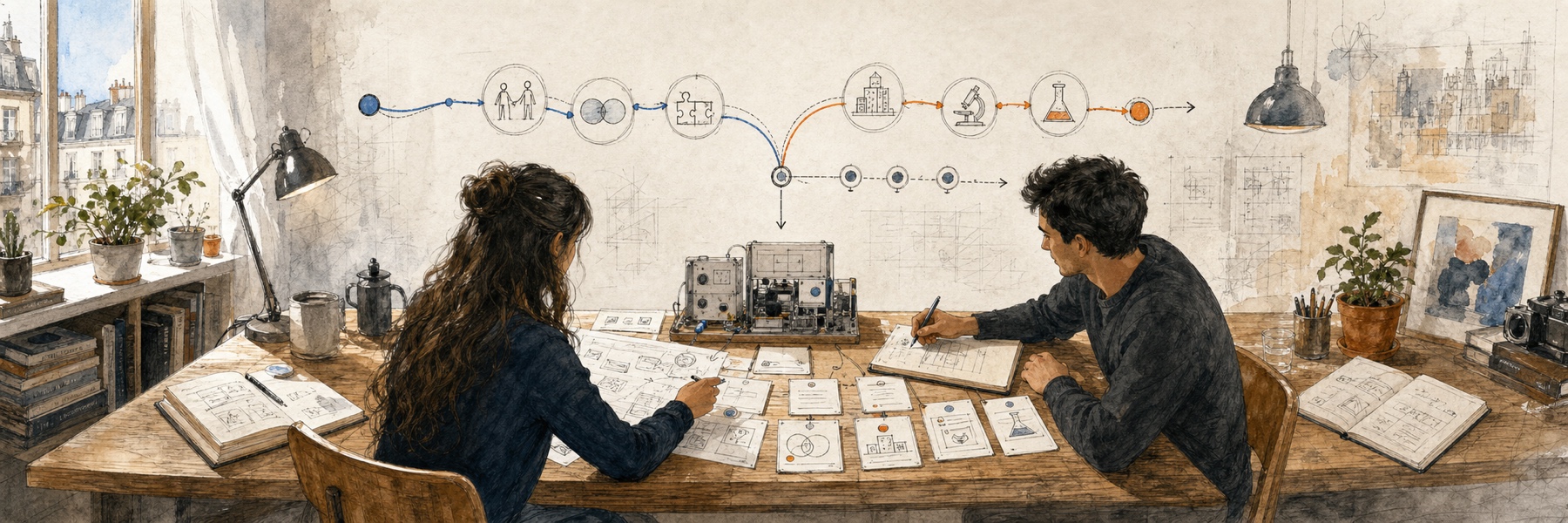 Two founders working as equals around a shared prototype, with separate paths converging into tested work.