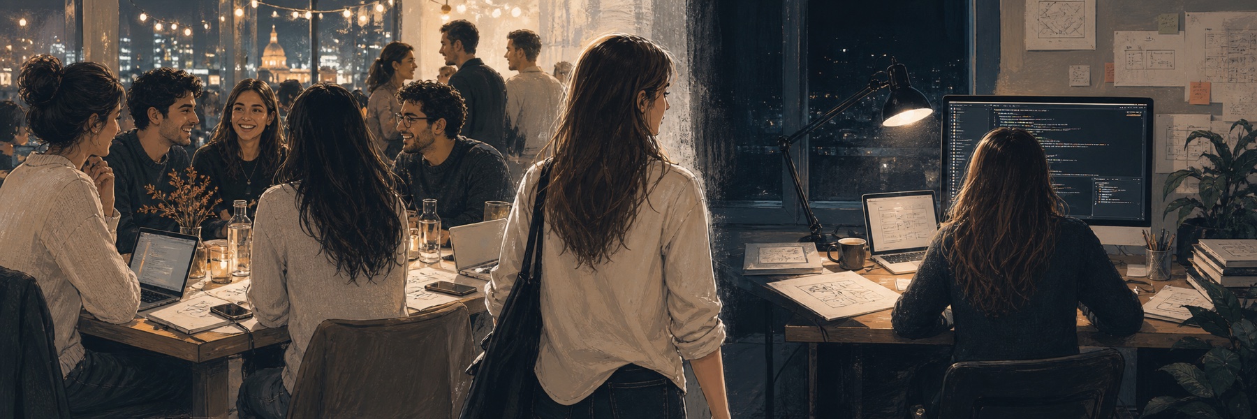 A woman with long brown hair moving between a warm founder dinner and a quiet night desk with a laptop and prototype sketches.