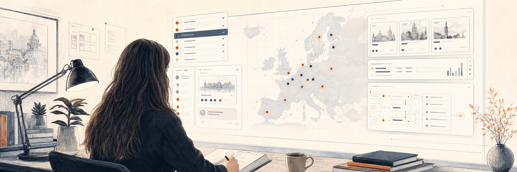 A woman with long brown hair seen from behind, reviewing a Europe map interface with city signals and candidate queues.