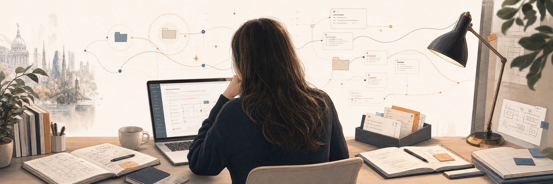 A woman with long brown hair seen from behind at a warm desk, surrounded by source notes, routing threads, and interface panels.