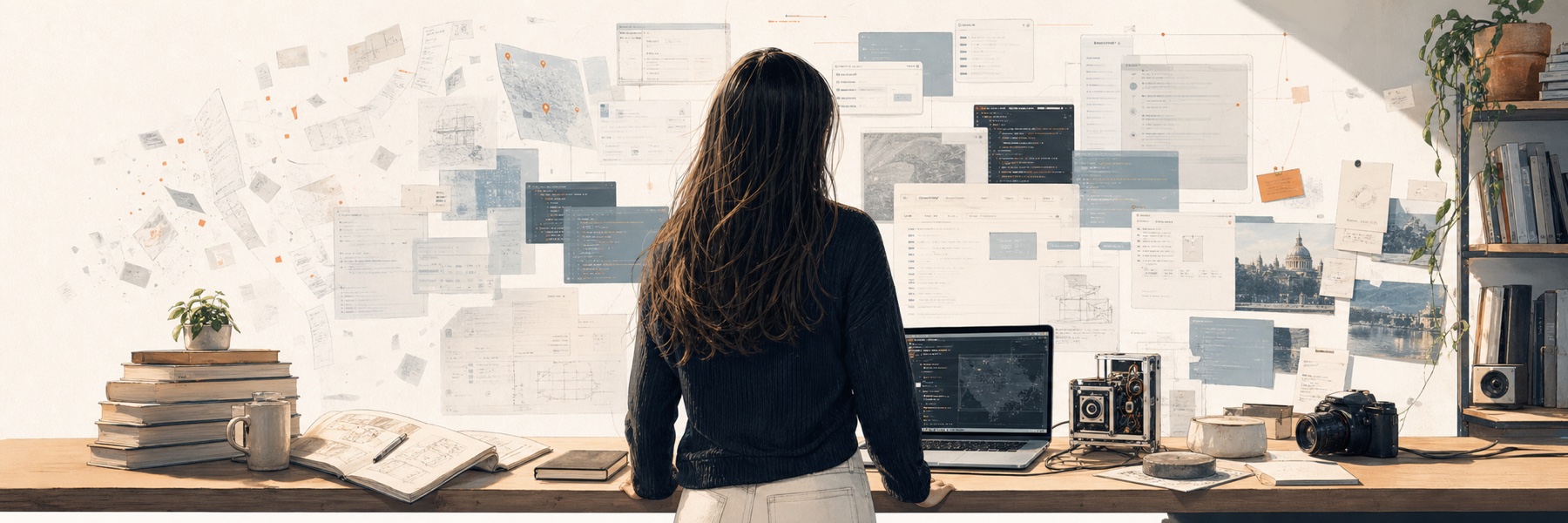 A woman with long brown hair seen from behind at a desk with fading app windows, notebooks, cables, and durable physical artifacts.