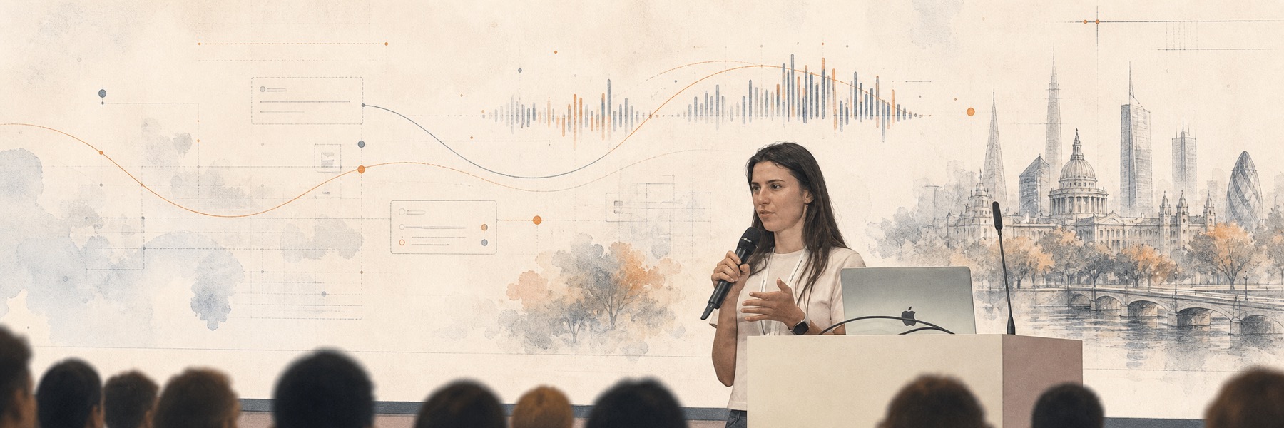 Lara presenting Just Move to Europe on stage, with audience silhouettes and soft map and signal motifs behind her.