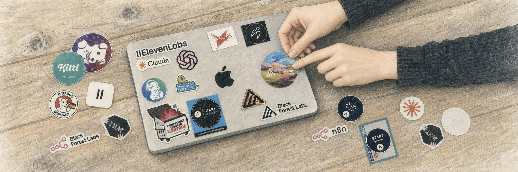 A young woman's hands adding a sticker to the closed lid of a laptop covered with Lara's collected tech stickers