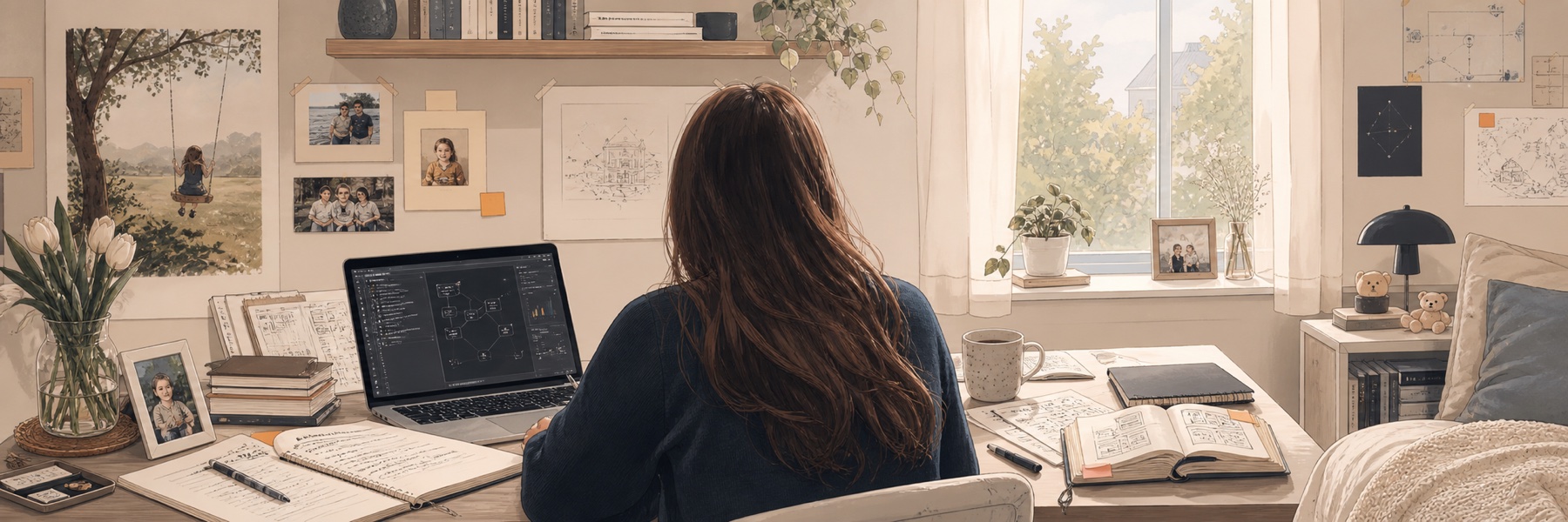 A woman with long brown hair seen from behind in a quiet home study with a laptop, notebooks, and soft morning light.