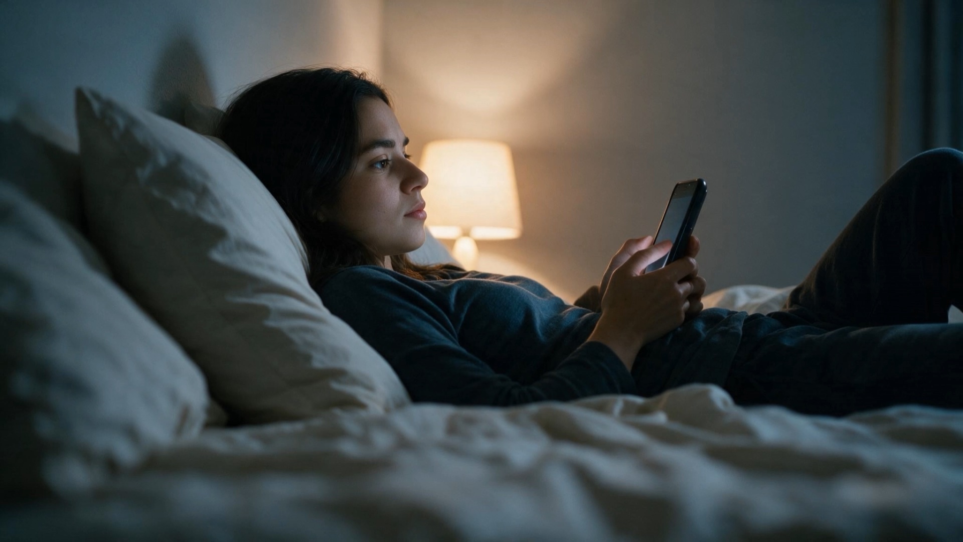 A woman scrolling on her phone in bed late at night