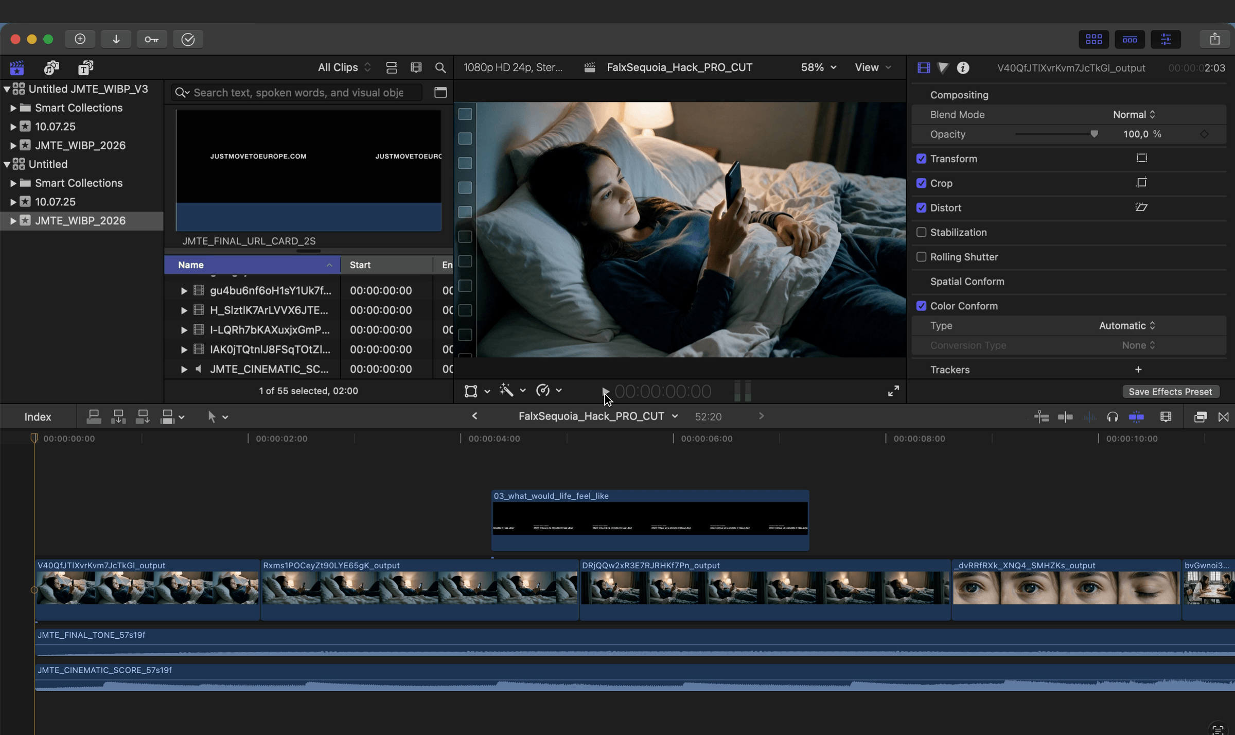 Final Cut Pro timeline for Where Would You Build?, showing generated film clips, titles, and audio tracks.