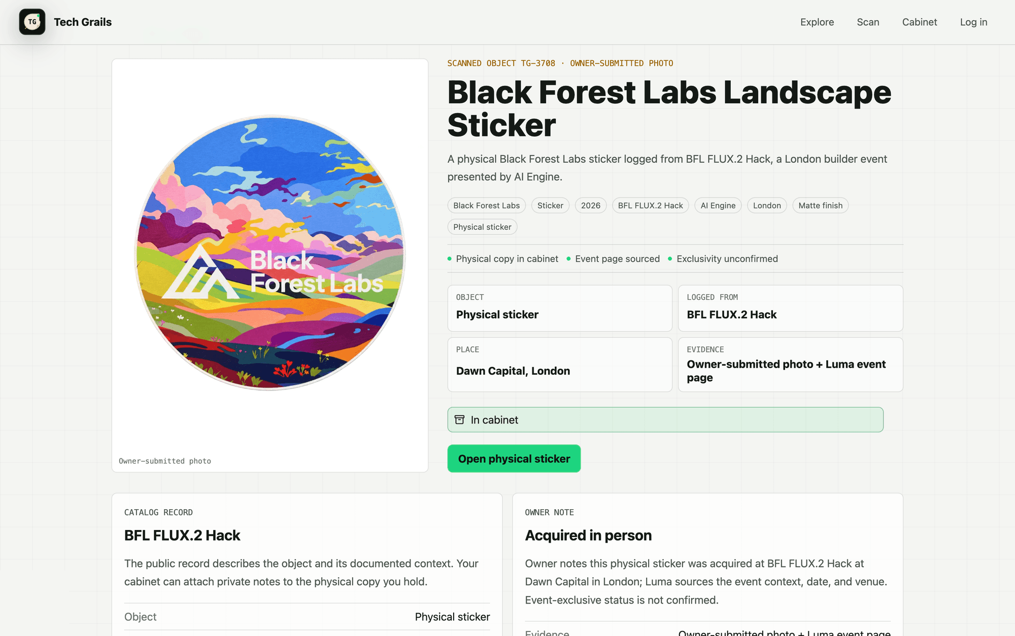 Tech Grails prototype object page for a Black Forest Labs landscape sticker, showing its provenance, cabinet status, and event context.