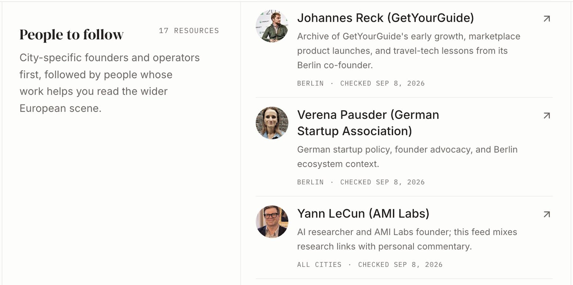 Just Move to Europe’s People to follow section, with profile photos and descriptions of founders and operators.