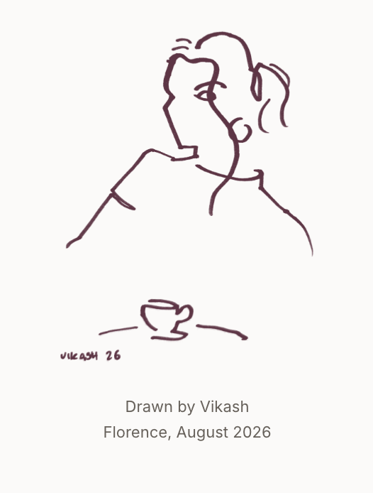 Vikash’s portrait on Lara’s website, credited Drawn by Vikash, Florence, August 2026.