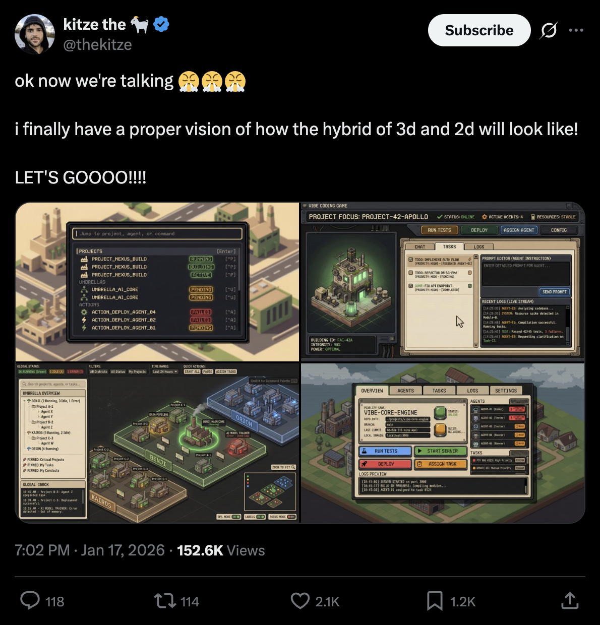 A Kitze X thread showing hybrid 3D and 2D game-like interfaces for agent orchestration dashboards.