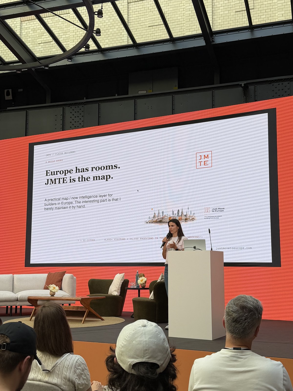 Lara speaking on the Claude Founder House stage about Just Move to Europe.