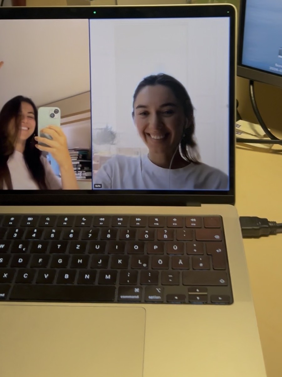 A laptop video call with a friend during the re-entry and building phase.